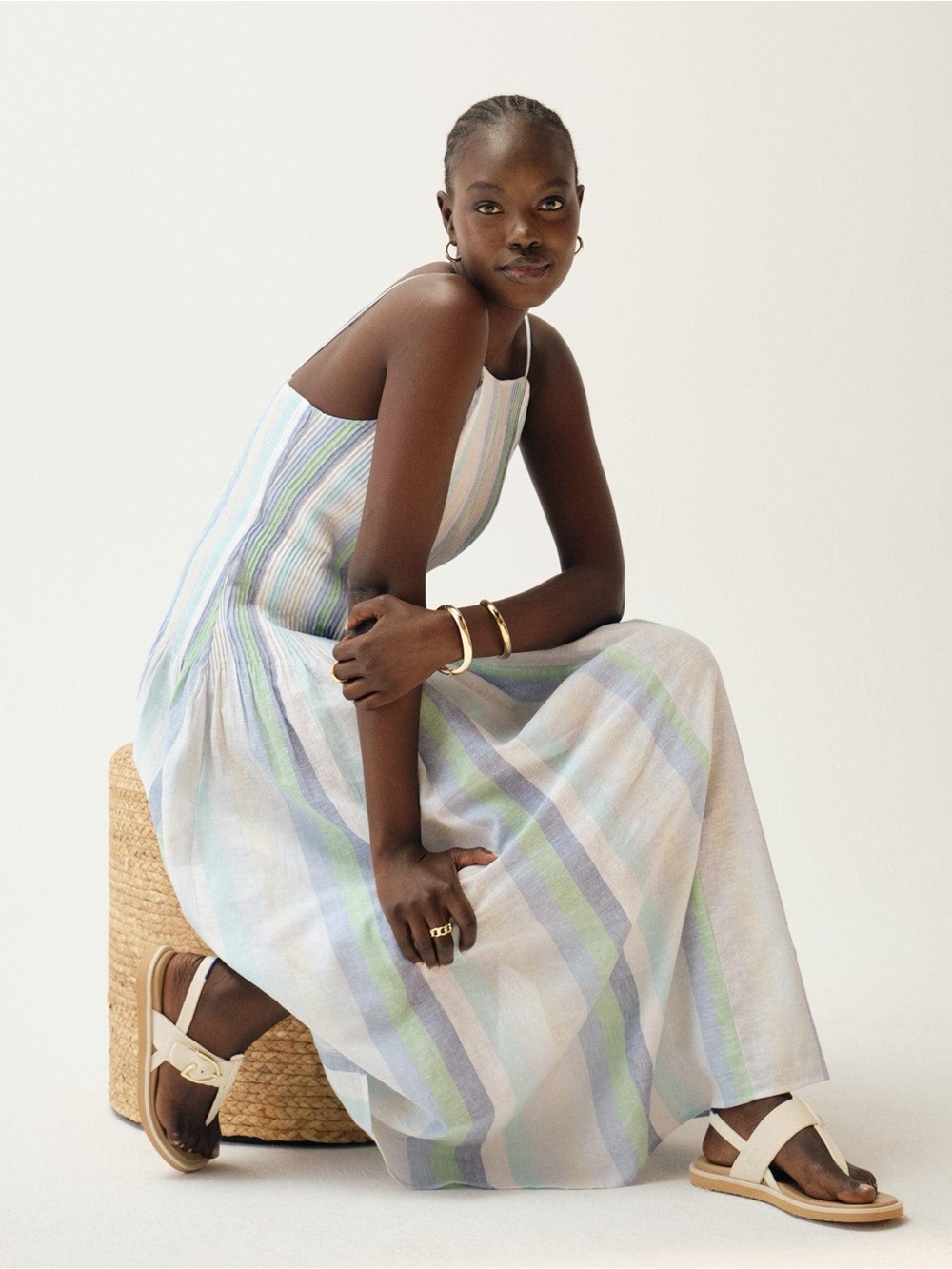 Mango Striped Linen Blend Maxi Dress | Mediterranean Resort Style | Small